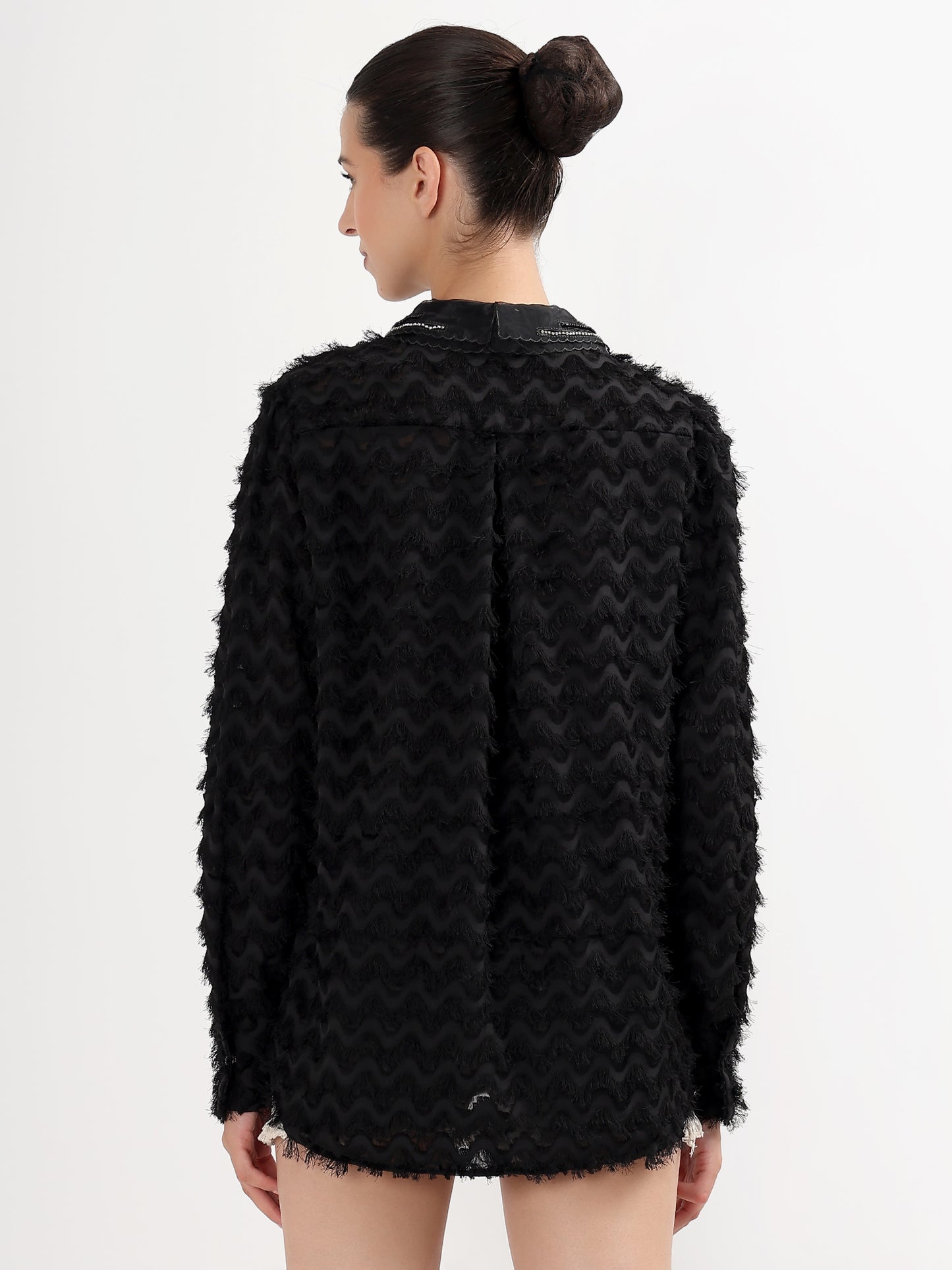 Black Textured Embellished Collar Shirt