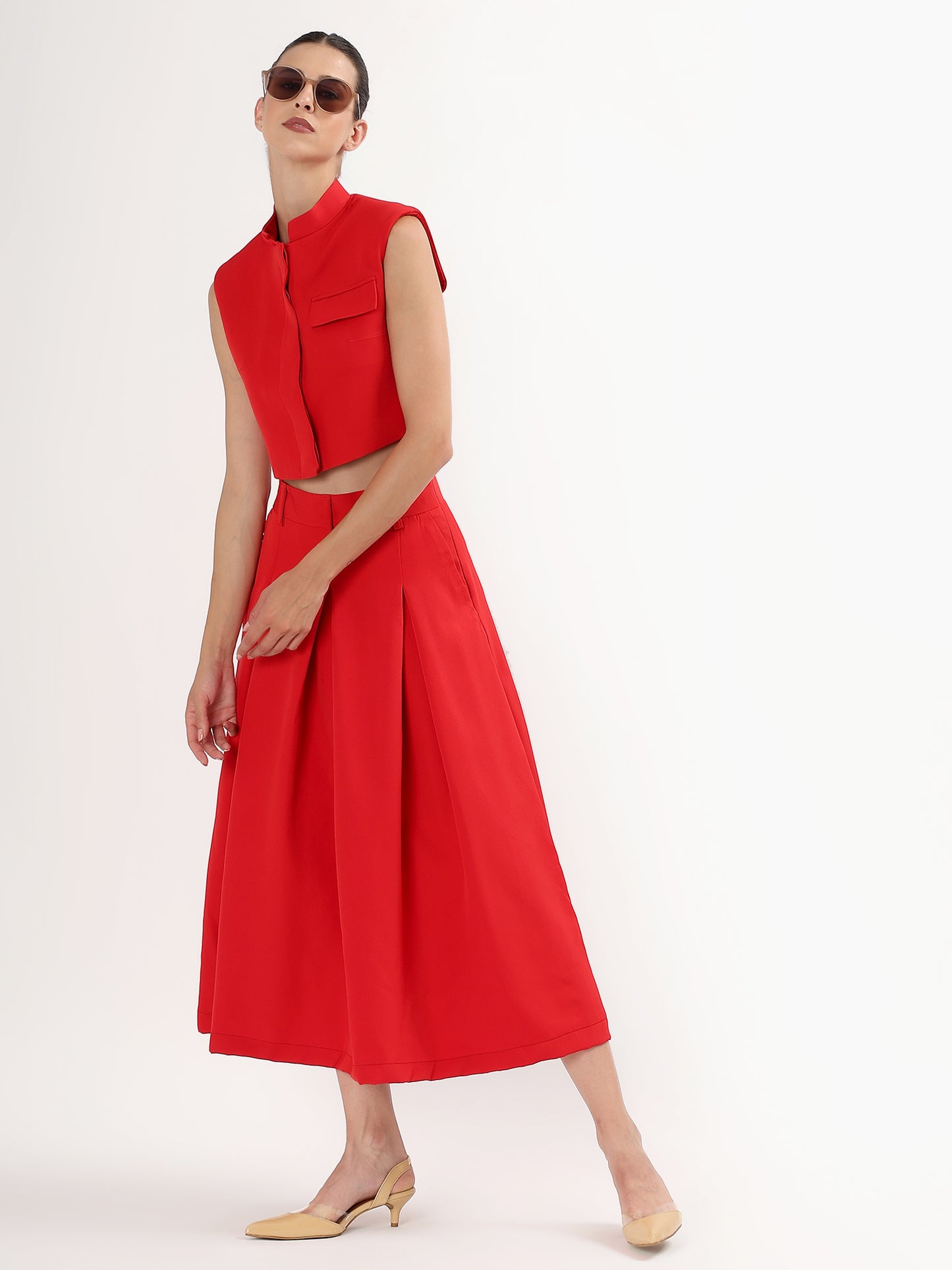 Red High-Waisted Pleated Midi Skirt