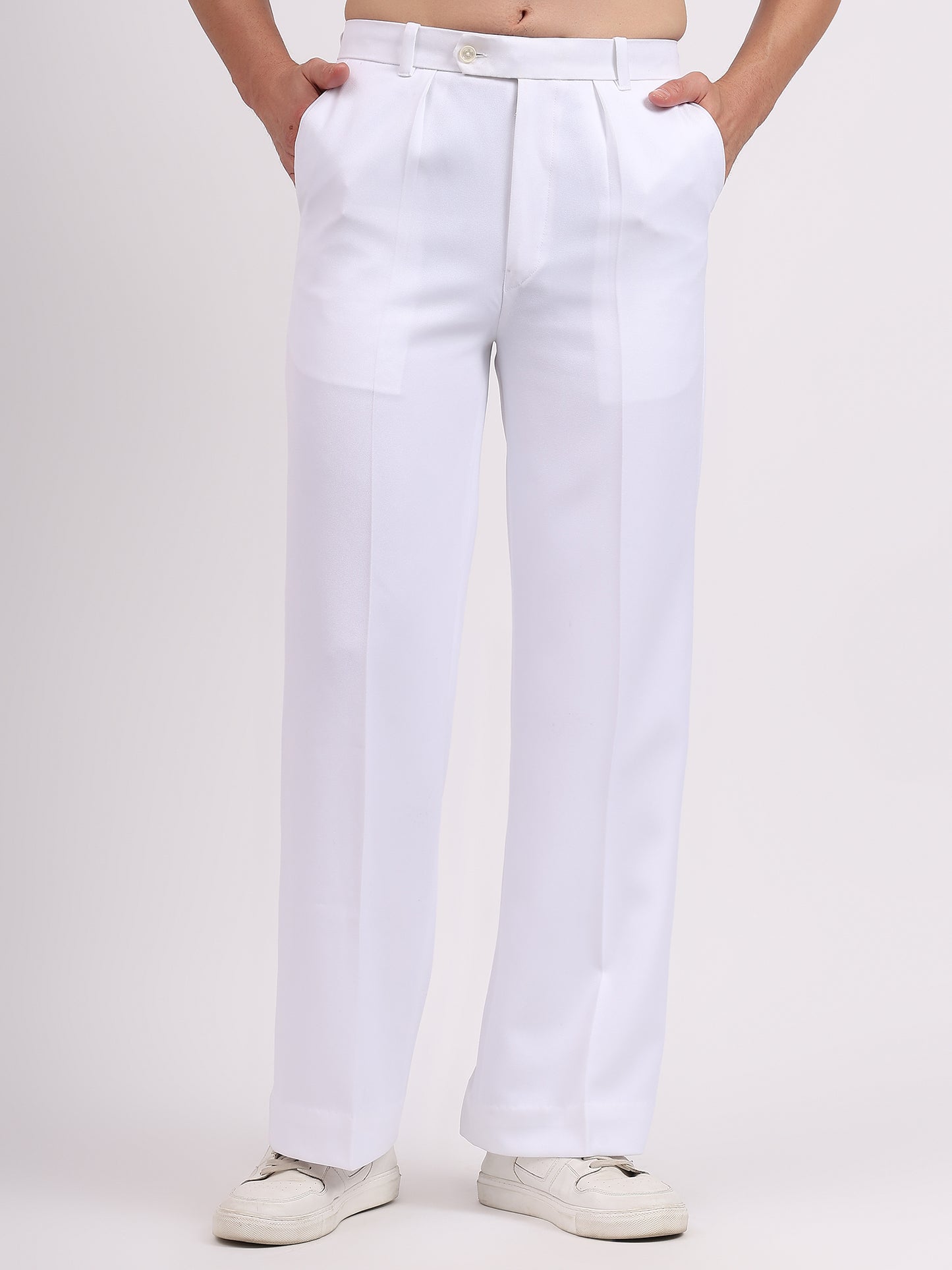 Straight Edge Pleated Tailored Trousers - White
