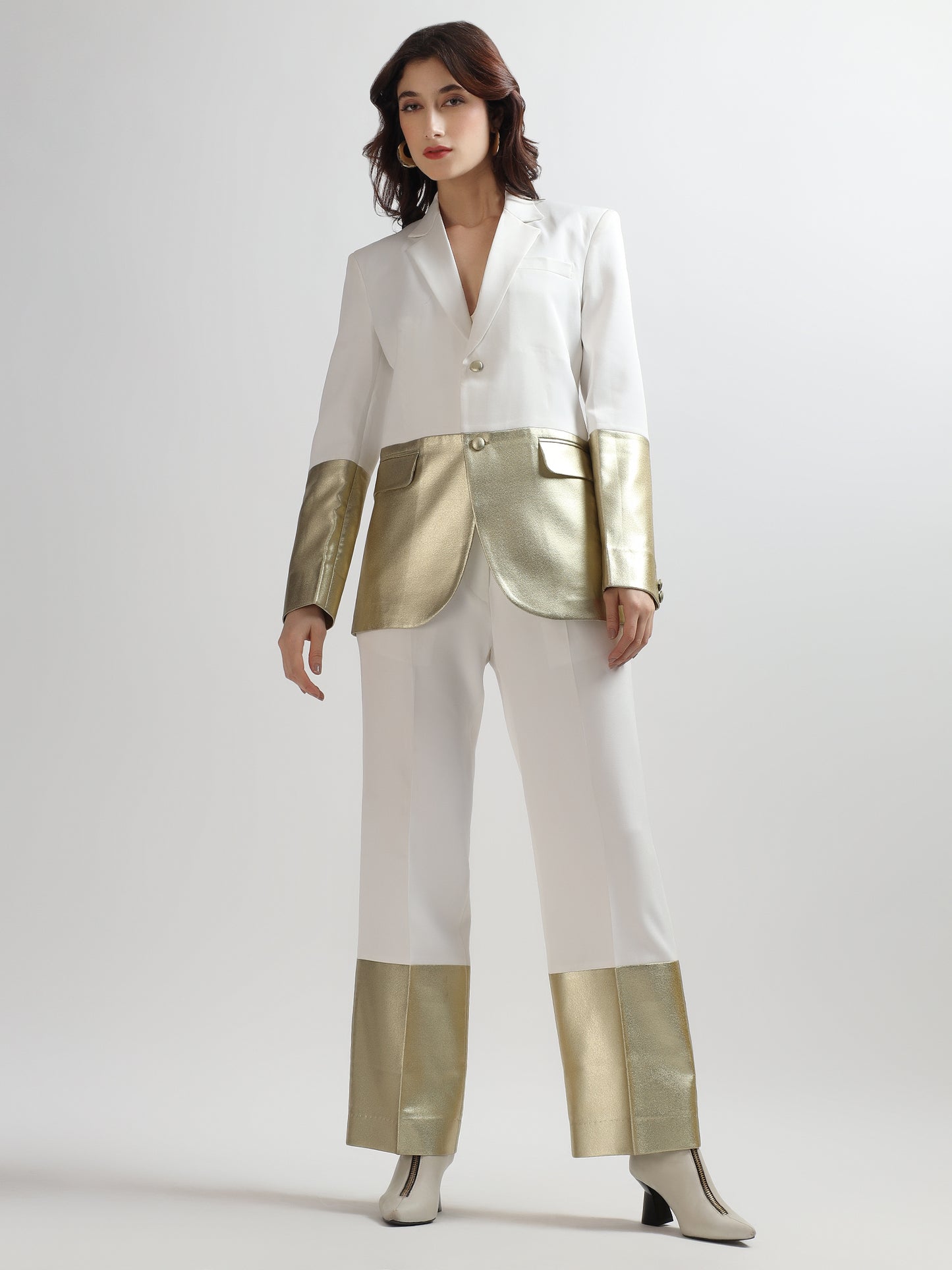 White & Gold Colorblock Tailored Blazer