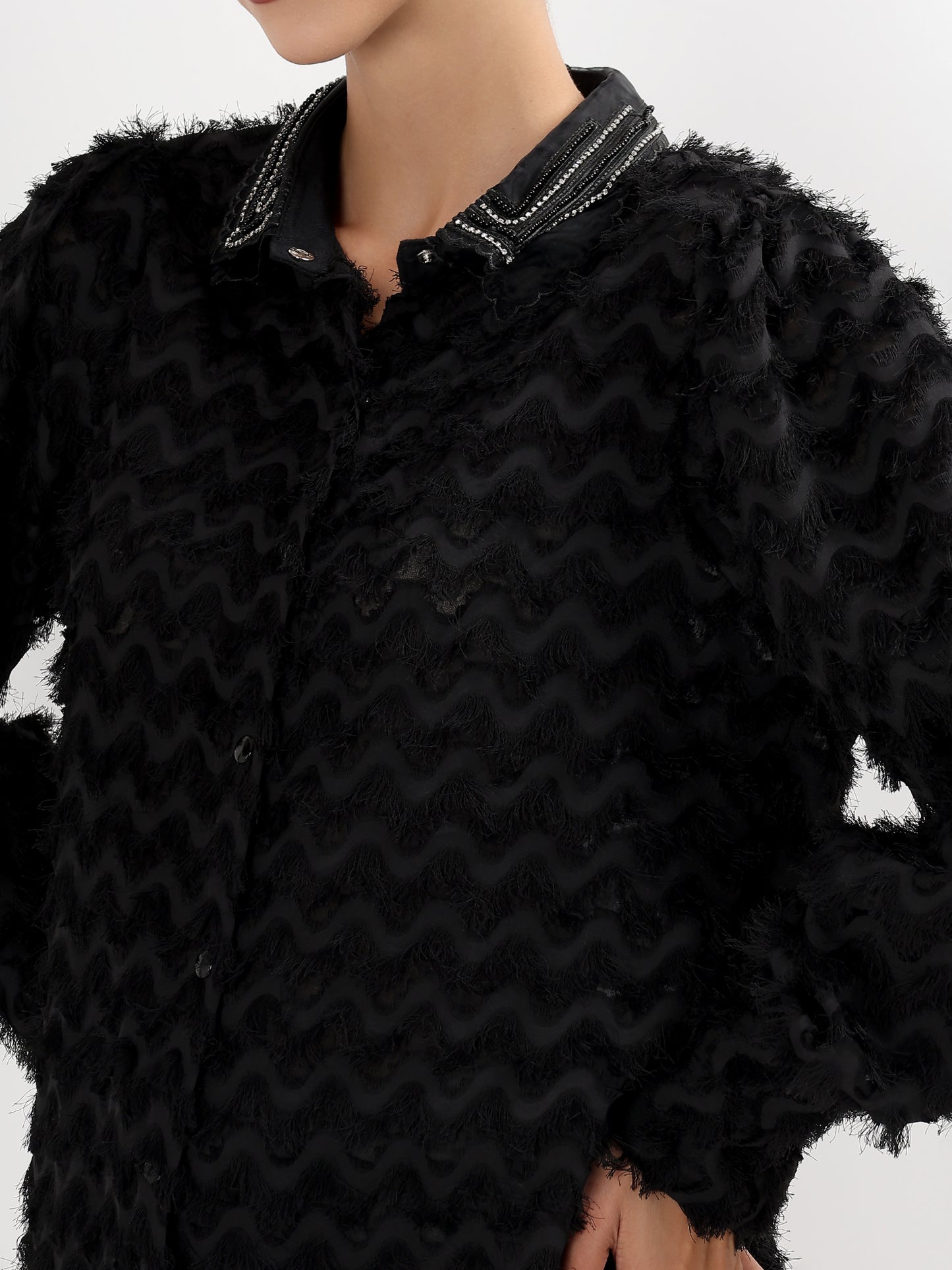 Black Textured Embellished Collar Shirt