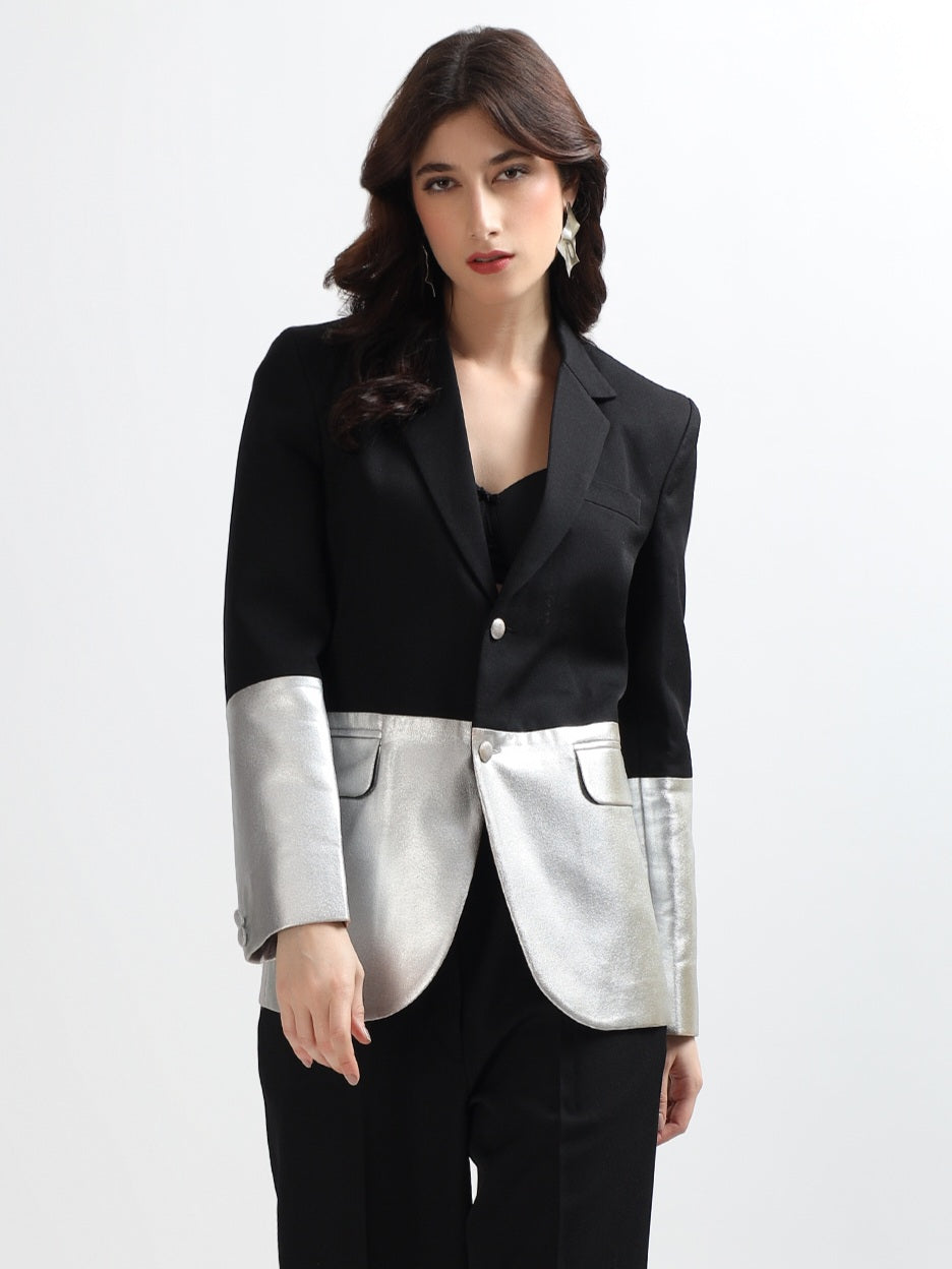 Black & Silver Colorblock Tailored Blazer