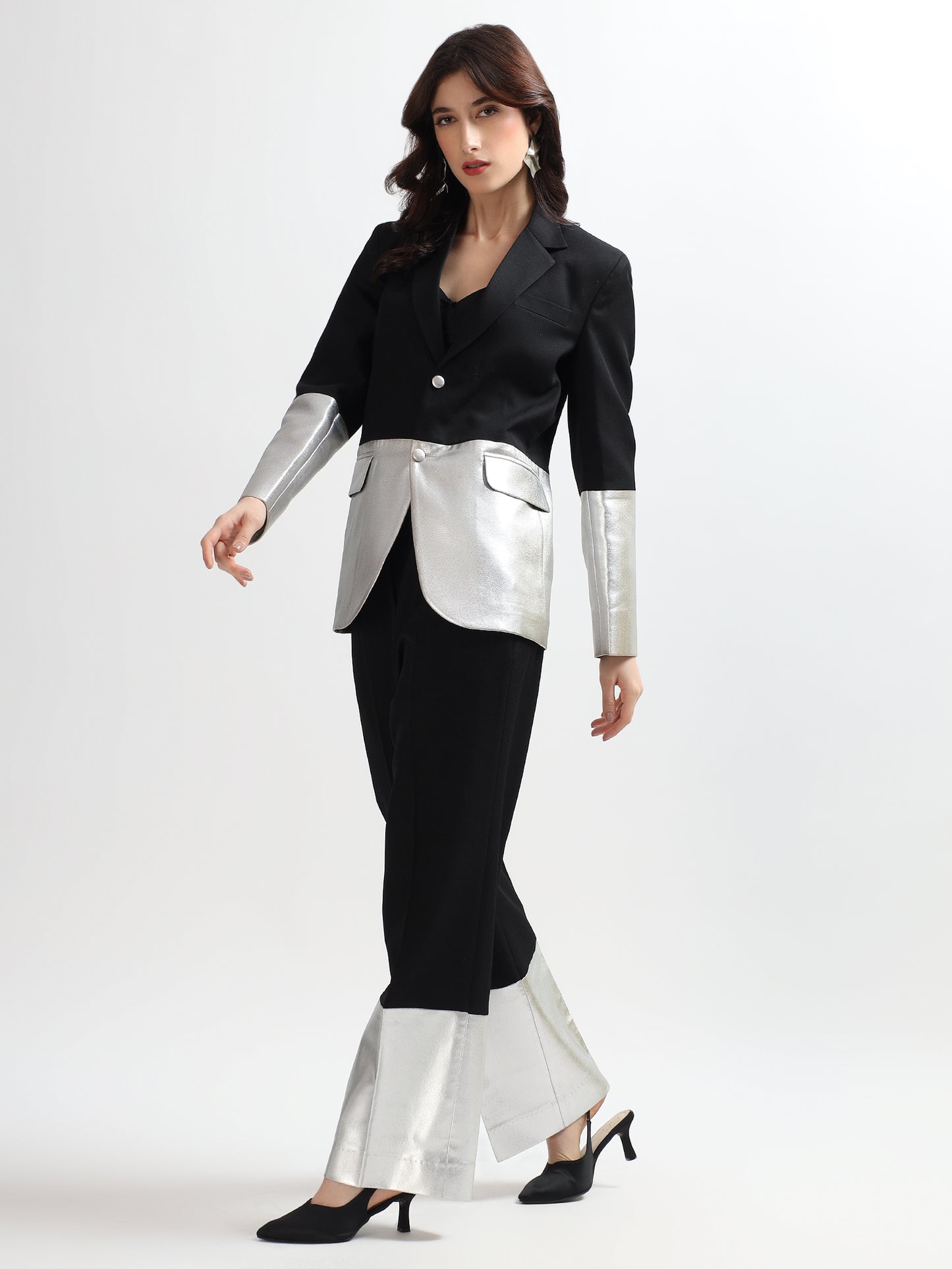 Black & Silver Colorblock Tailored Blazer