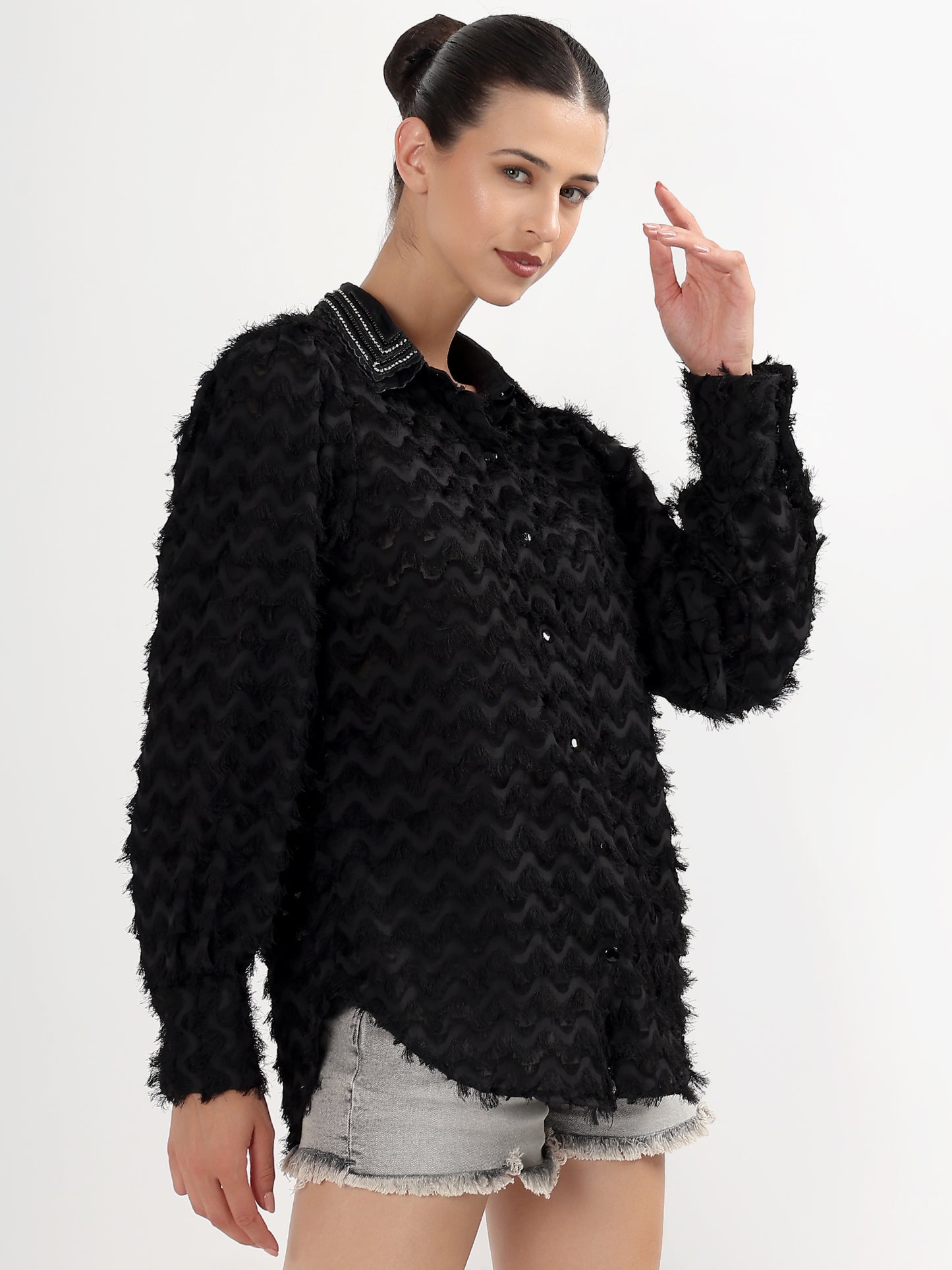 Black Textured Embellished Collar Shirt