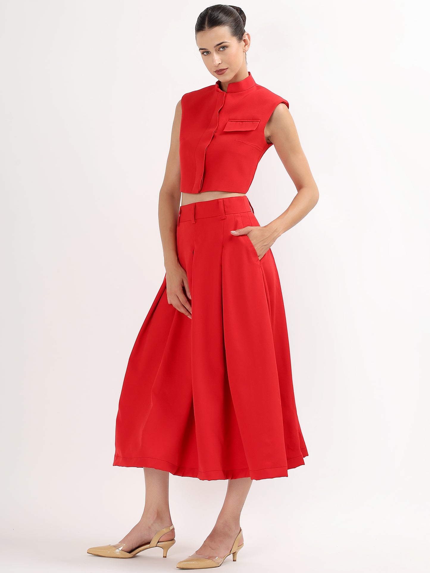 Red High-Waisted Pleated Midi Skirt