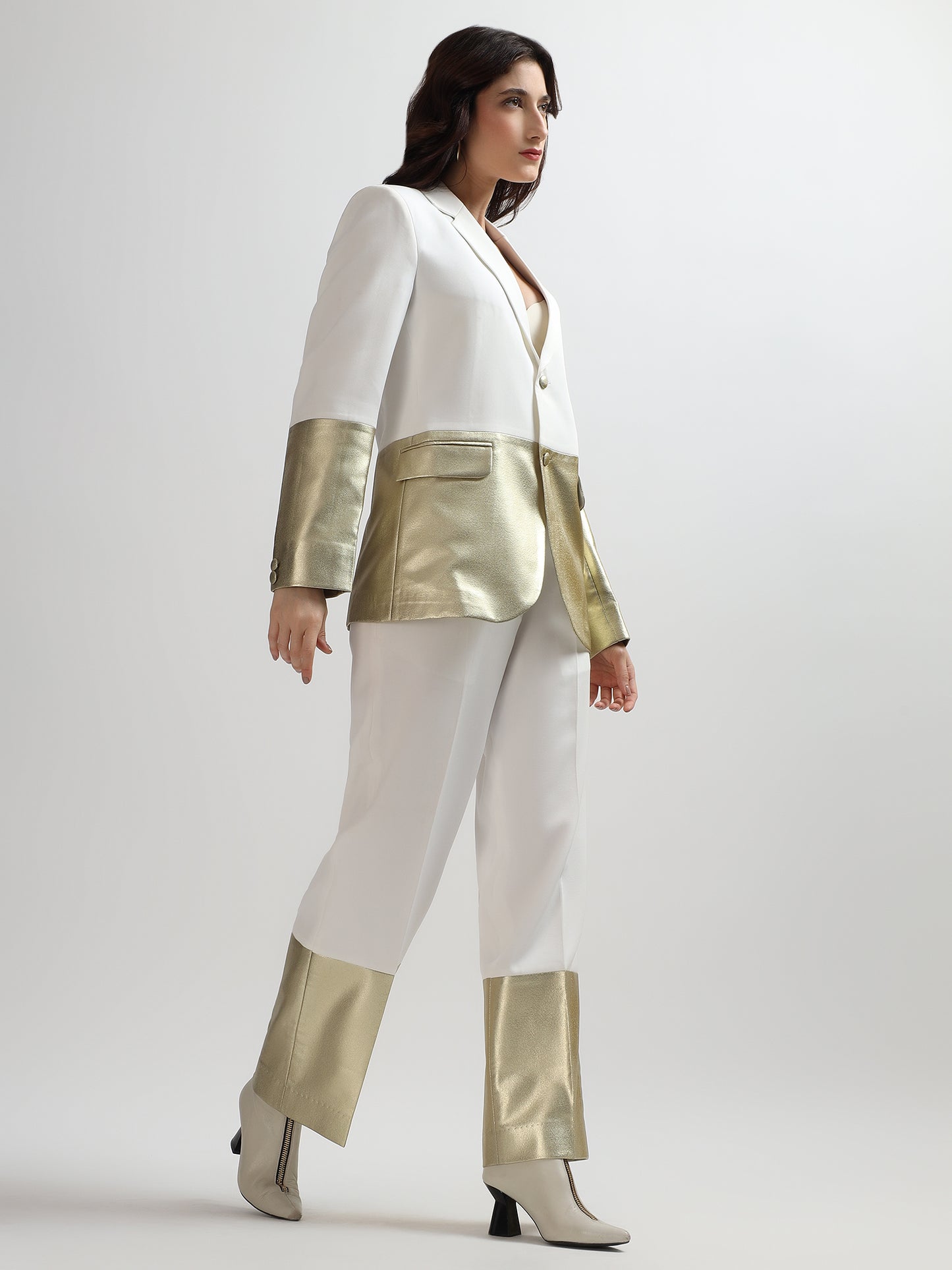 White & Gold Colorblock Tailored Blazer
