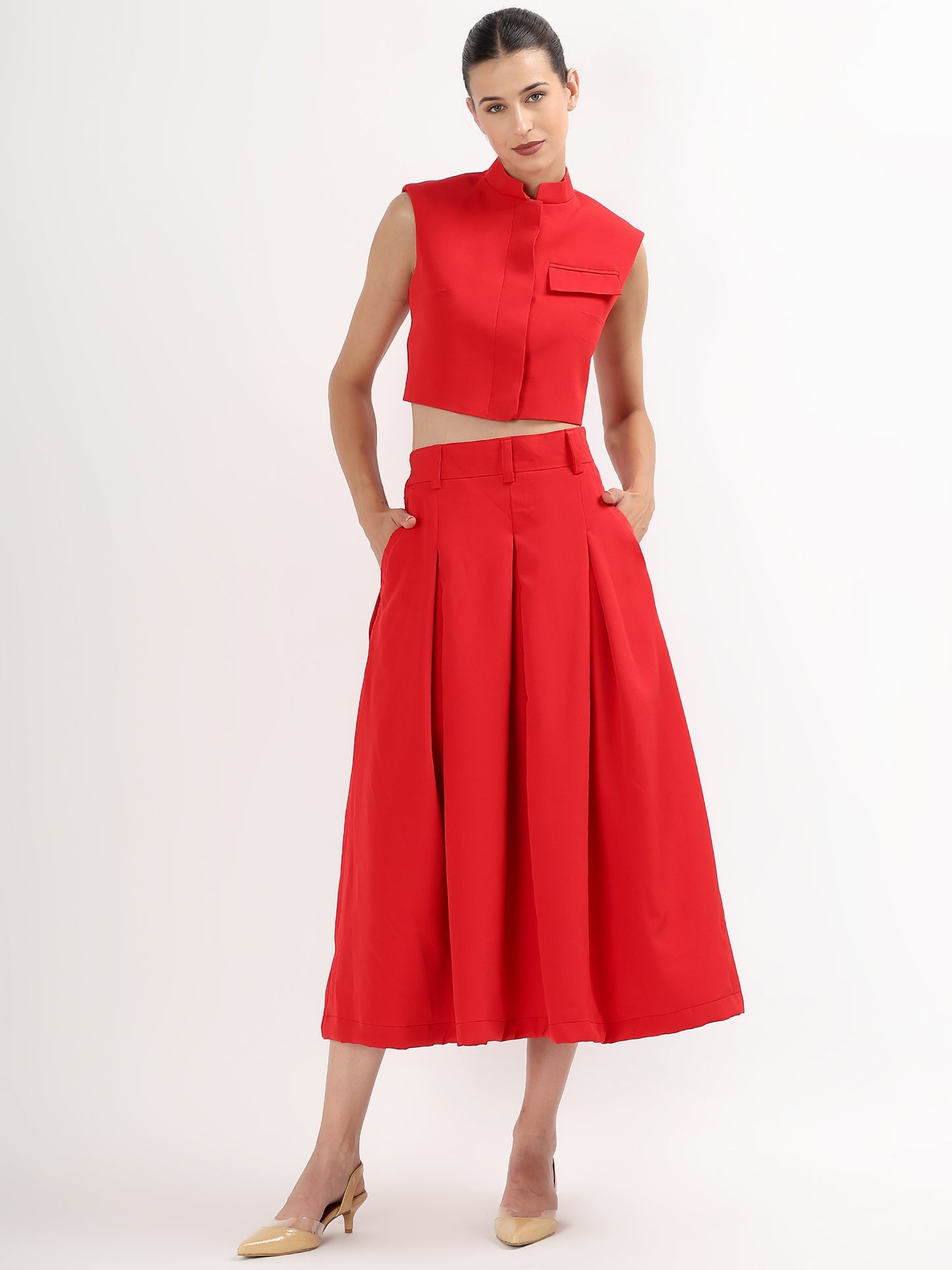 Red Structured Sleeveless Crop Top with Padded Shoulders