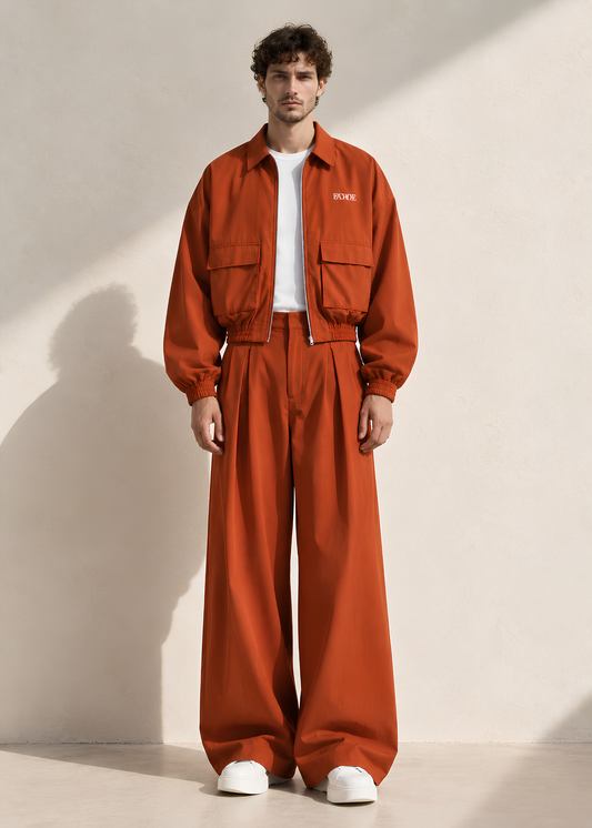 Architectural Cropped Bomber Set - Deep Red Orange