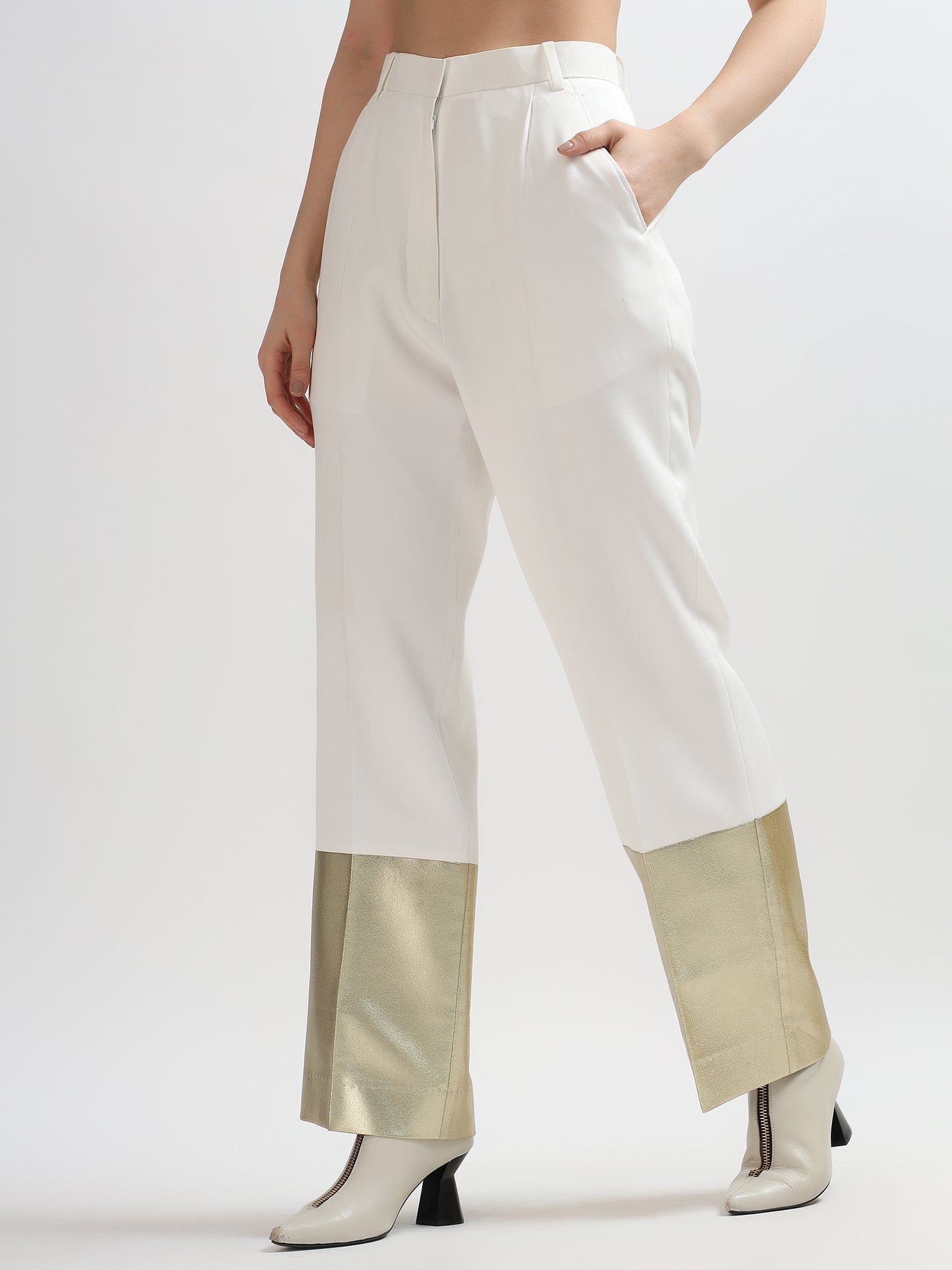White & Gold Colorblock Trousers