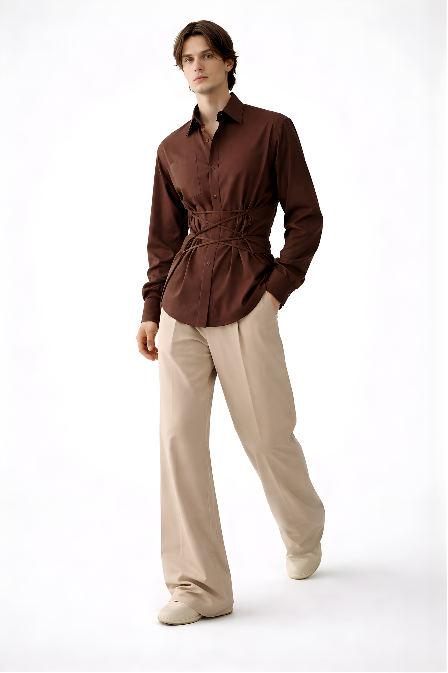 Chocolate Brown Corset Waist Shirt - SS Vol. 11