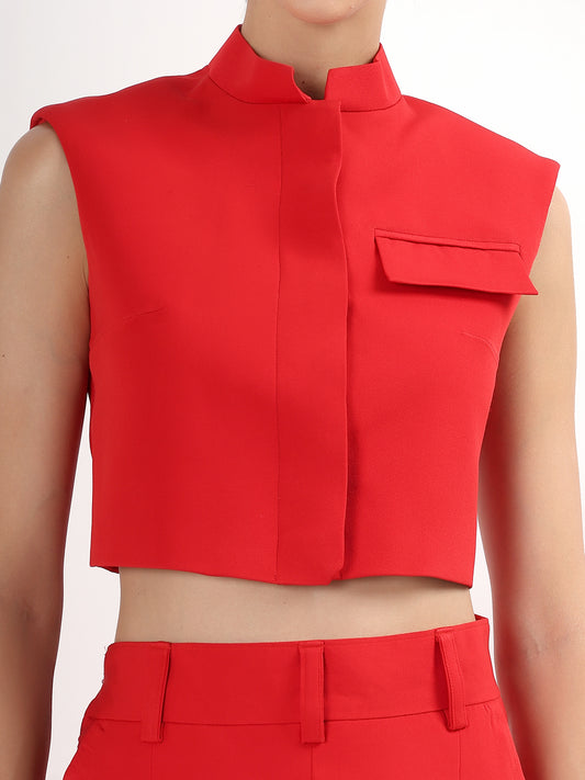 Red Structured Sleeveless Crop Top with Padded Shoulders