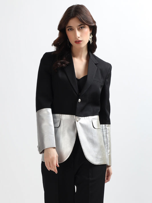 Black & Silver Colorblock Tailored Blazer