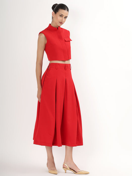 Red High-Waisted Pleated Midi Skirt