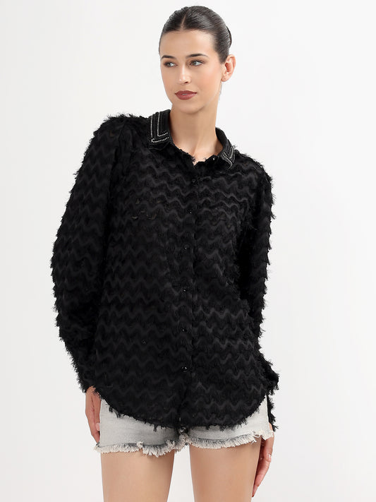 Black Textured Embellished Collar Shirt