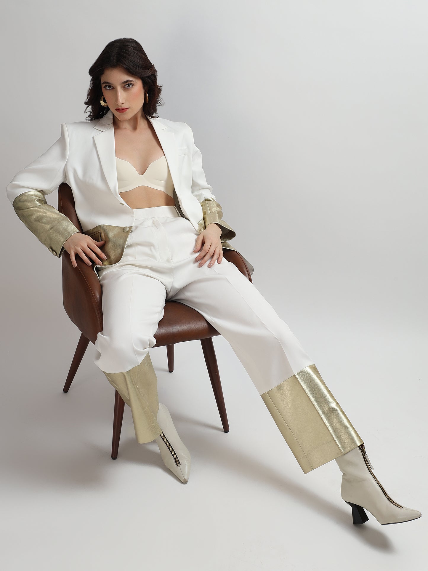 White & Gold Colorblock Trousers