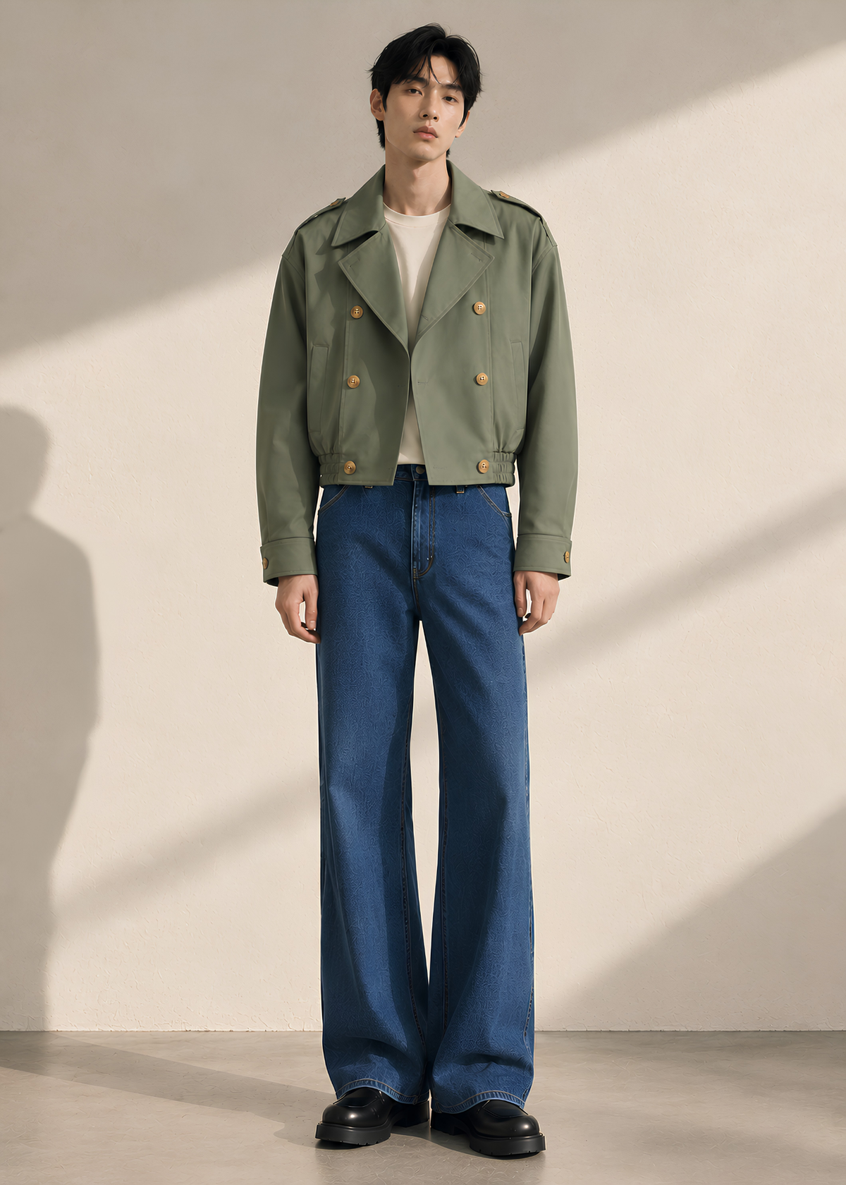 Sage Khaki Cropped Double-Breasted Trench Jacket