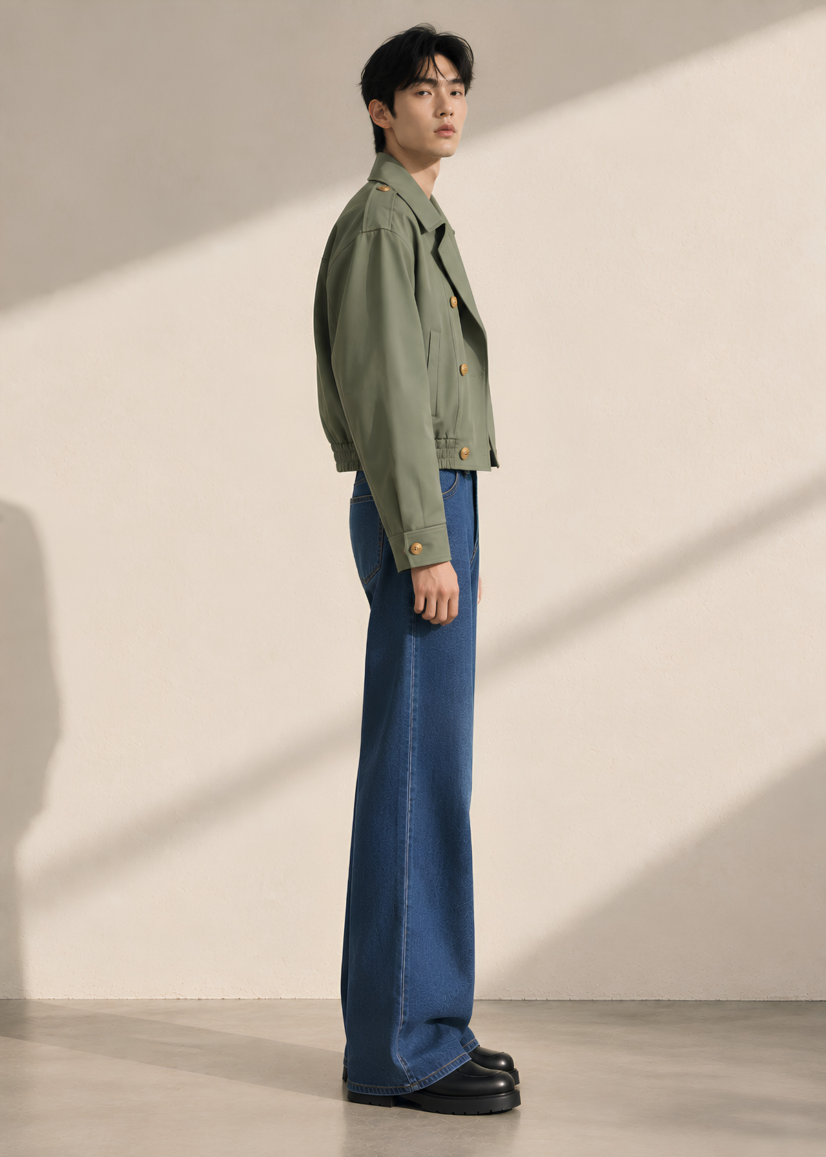 Sage Khaki Cropped Double-Breasted Trench Jacket