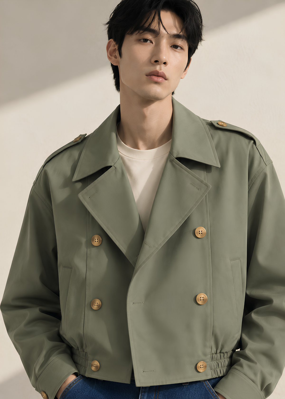 Sage Khaki Cropped Double-Breasted Trench Jacket