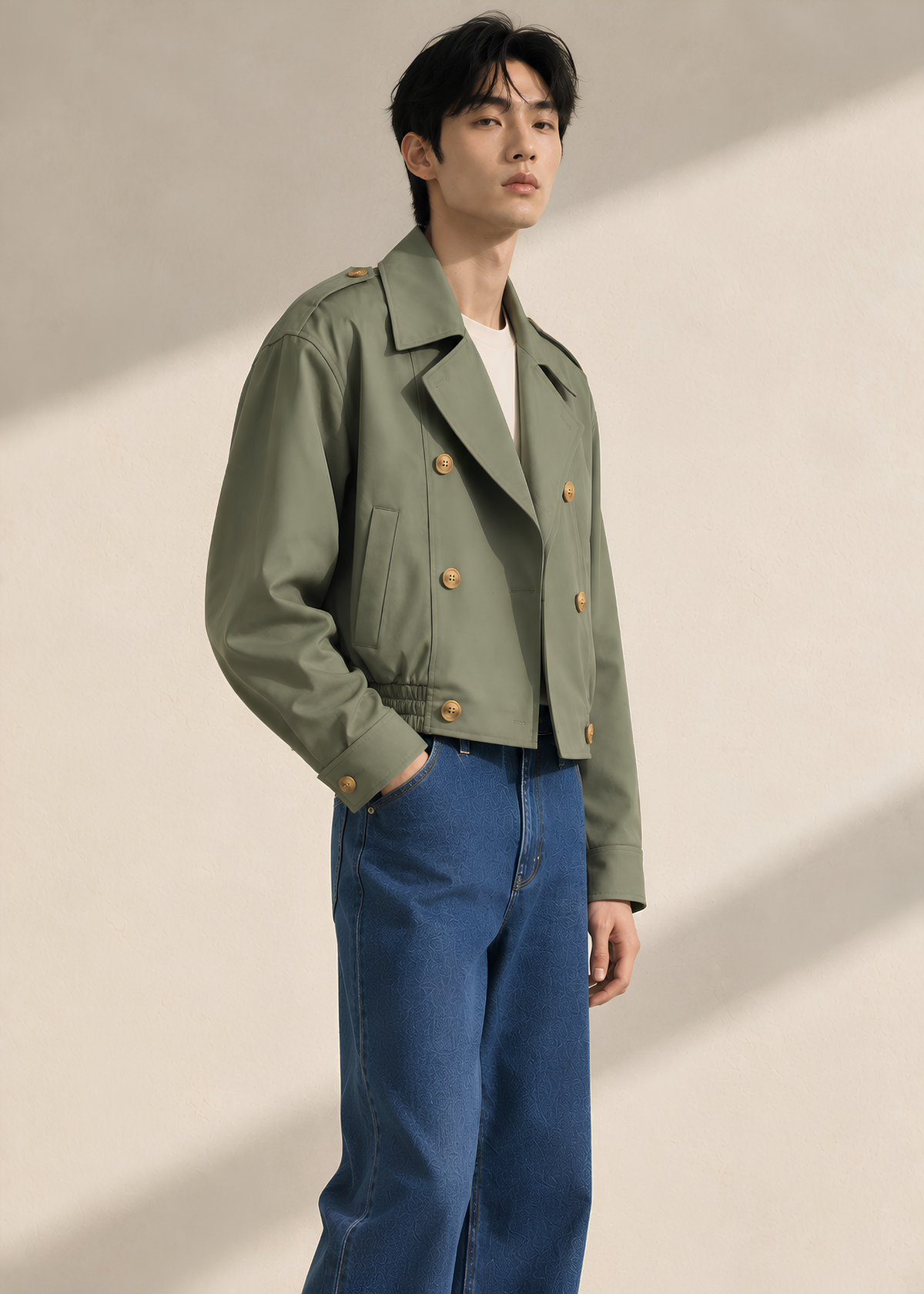 Sage Khaki Cropped Double-Breasted Trench Jacket