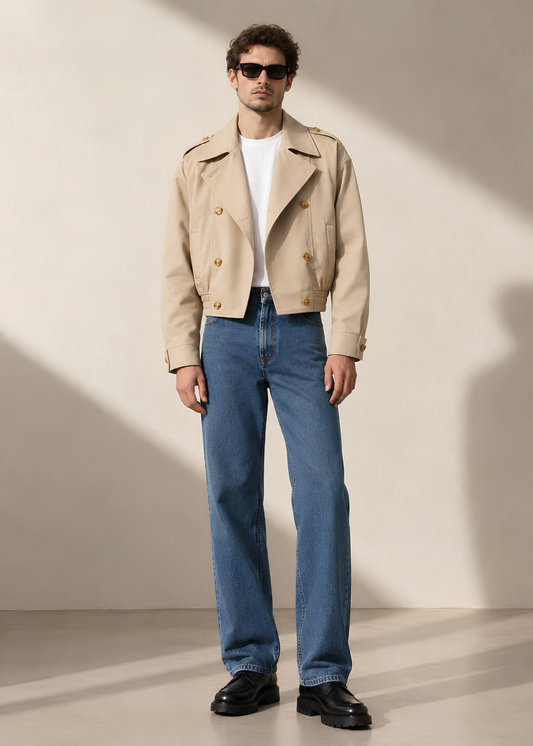Sandstone Cropped Double-Breasted Trench Jacket