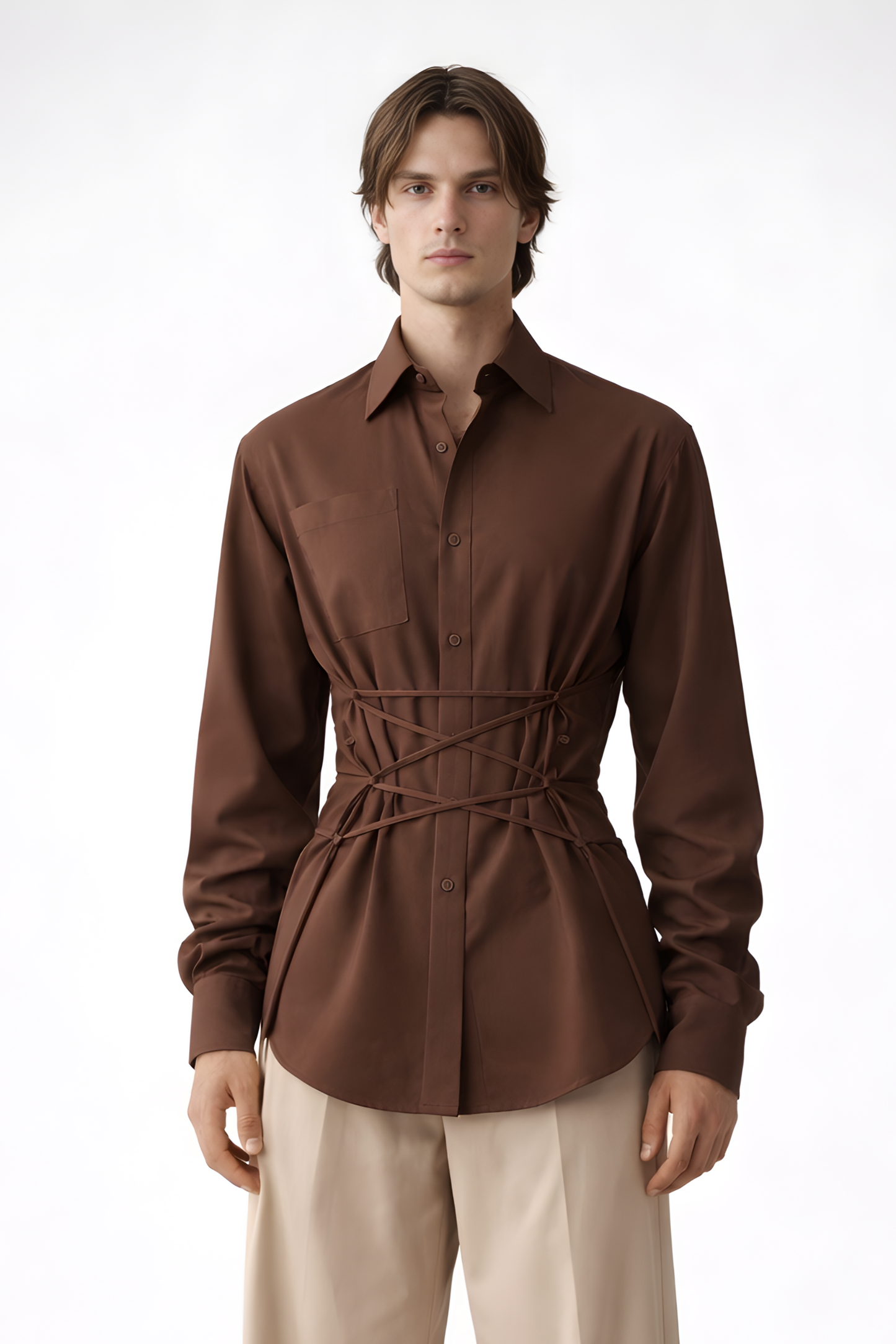 Chocolate Brown Corset Waist Shirt - SS Vol. 11