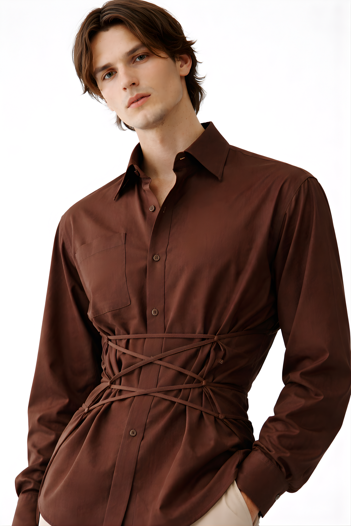 Chocolate Brown Corset Waist Shirt - SS Vol. 11