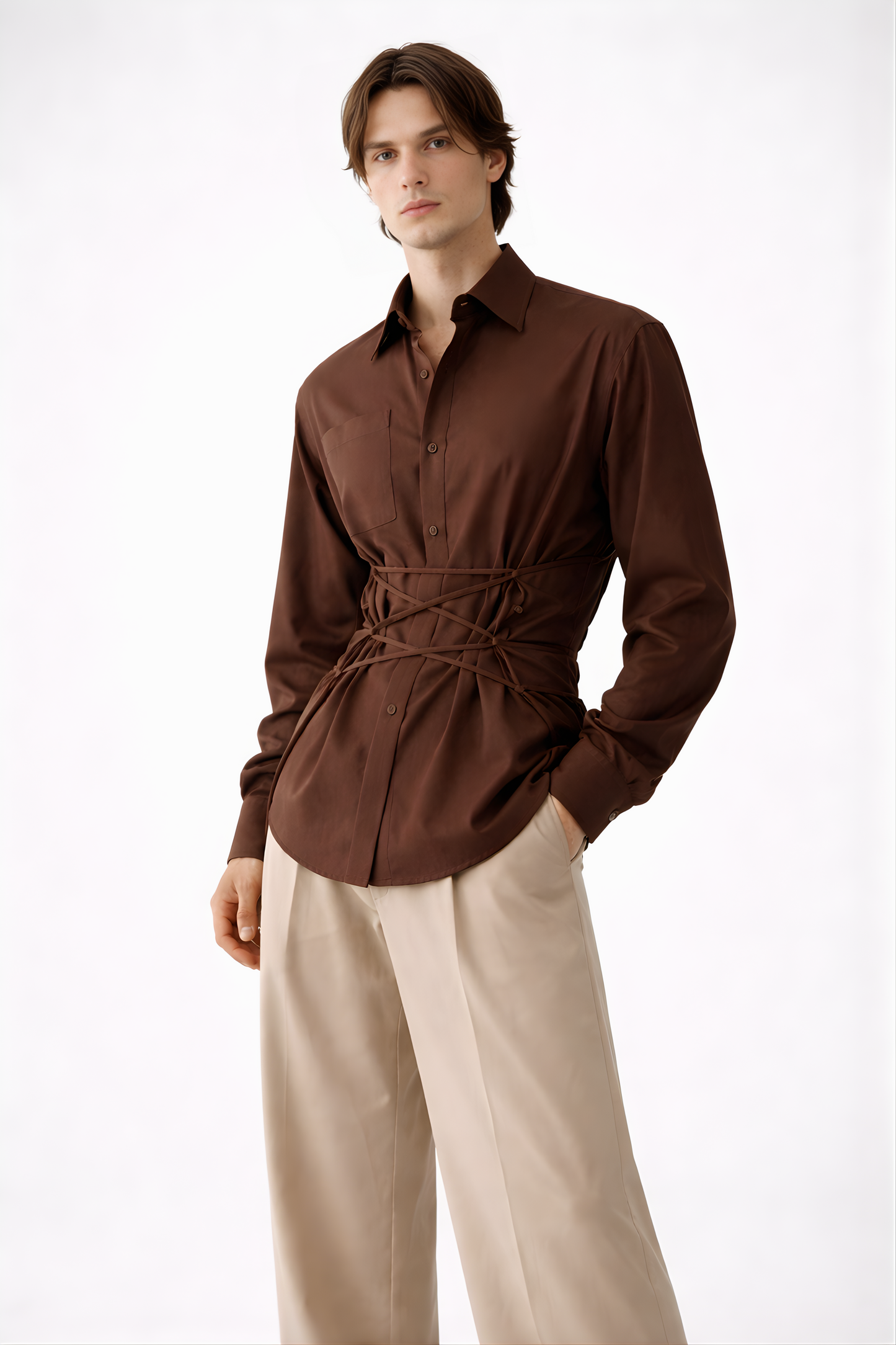 Chocolate Brown Corset Waist Shirt - SS Vol. 11