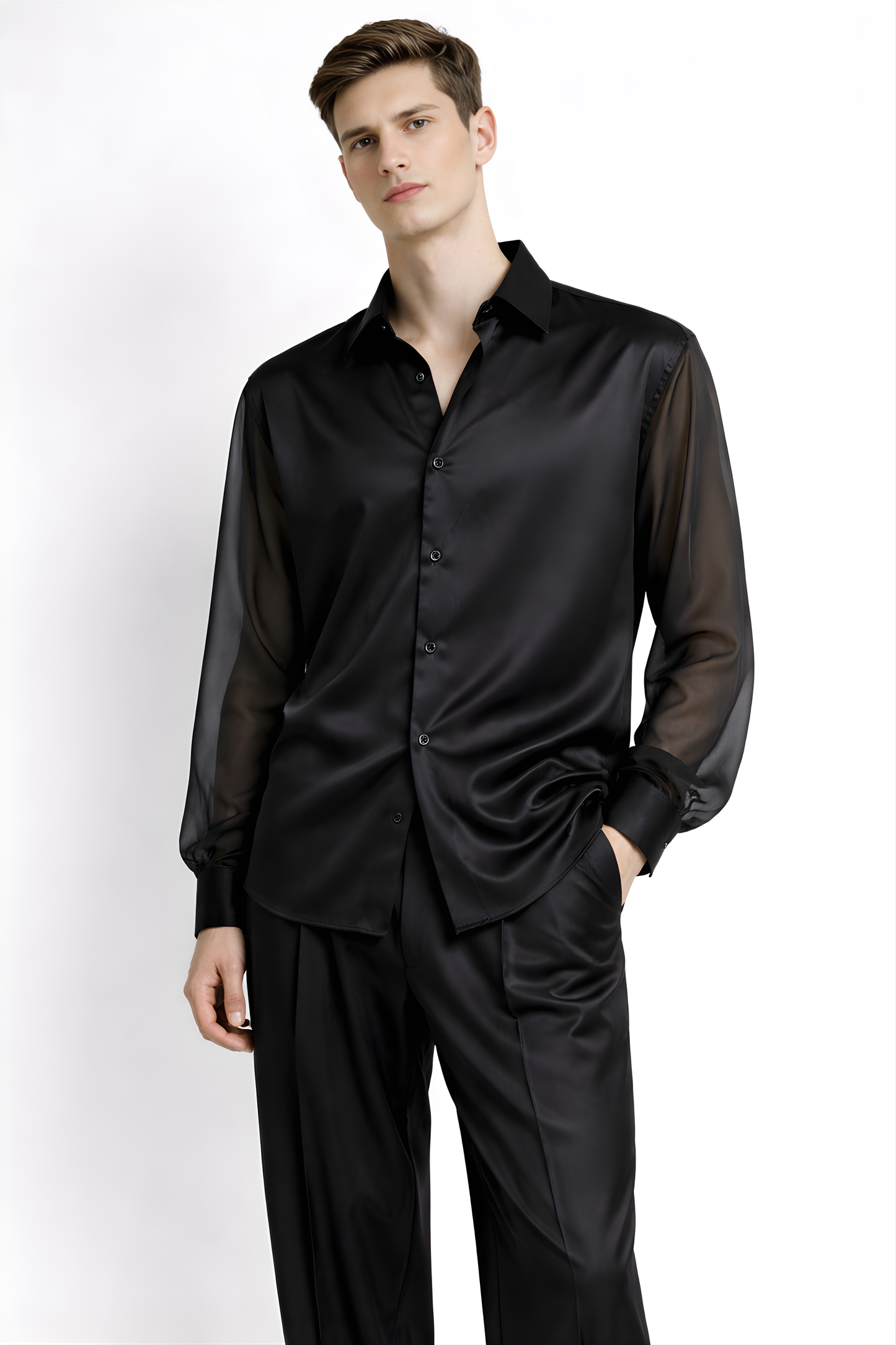 Black Satin Shirt / Organza Sleeves - SS Vol. 11