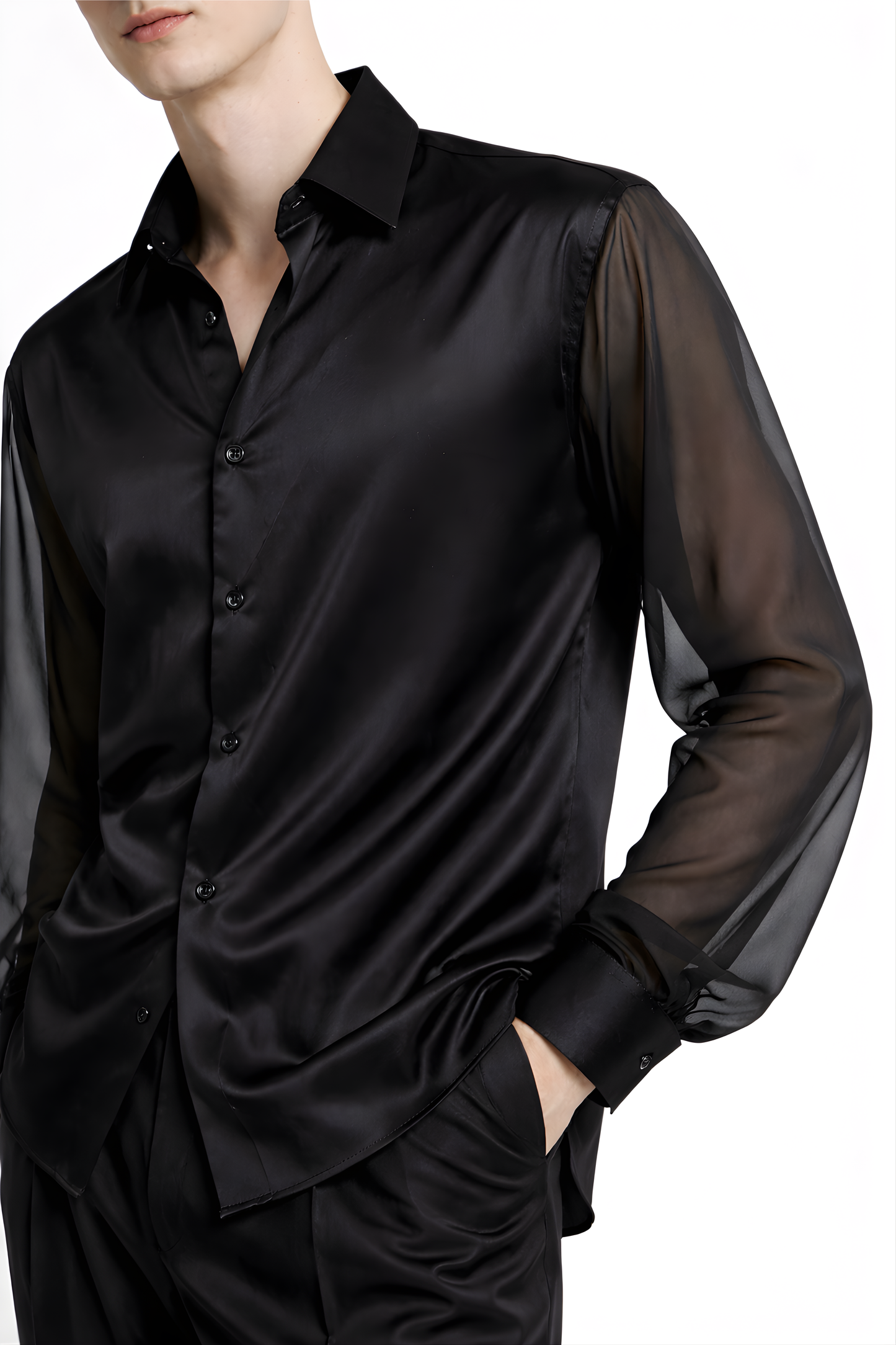 Black Satin Shirt / Organza Sleeves - SS Vol. 11